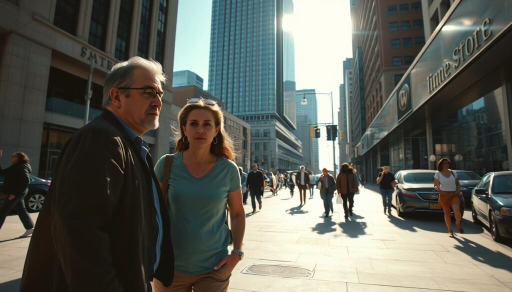 A bustling city street, with a towering skyscraper in the background, casting long shadows across the sidewalk. In the foreground, a couple stands warily, evaluating a salesperson's pitch, their expressions cautious and skeptical. The lighting is a mix of harsh, directional sunlight and softer, diffused illumination, creating a sense of tension and unease. The lens is wide-angle, capturing the scene with a sense of depth and scale, while the angle is slightly elevated, giving the viewer a bird's-eye perspective on the unfolding interaction. The atmosphere is one of wariness and vigilance, as the couple navigates the potential pitfalls of a timeshare sales pitch.