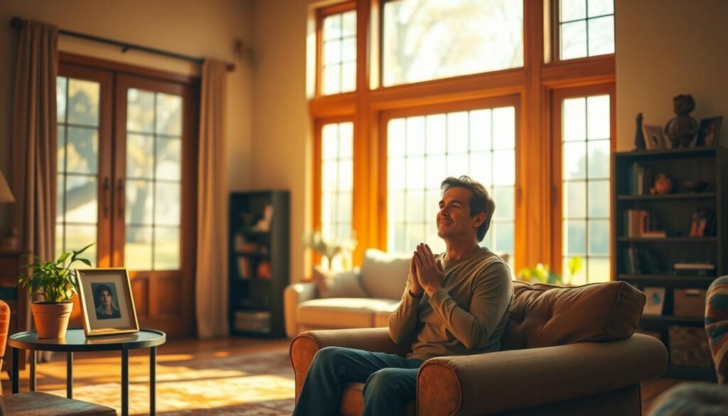 A cozy living room scene, bathed in warm, natural light filtering through large windows. In the foreground, a person sits on a plush armchair, hands clasped, expression serene and grateful. On a side table, a potted plant and a small framed art piece create a sense of coziness. The middle ground features a modest, well-appointed space with tasteful decor, suggesting a private retreat. In the background, a bookshelf and a few personal trinkets evoke a tranquil, contemplative atmosphere. The overall mood is one of mindfulness, contentment, and a sincere, unencumbered expression of gratitude.