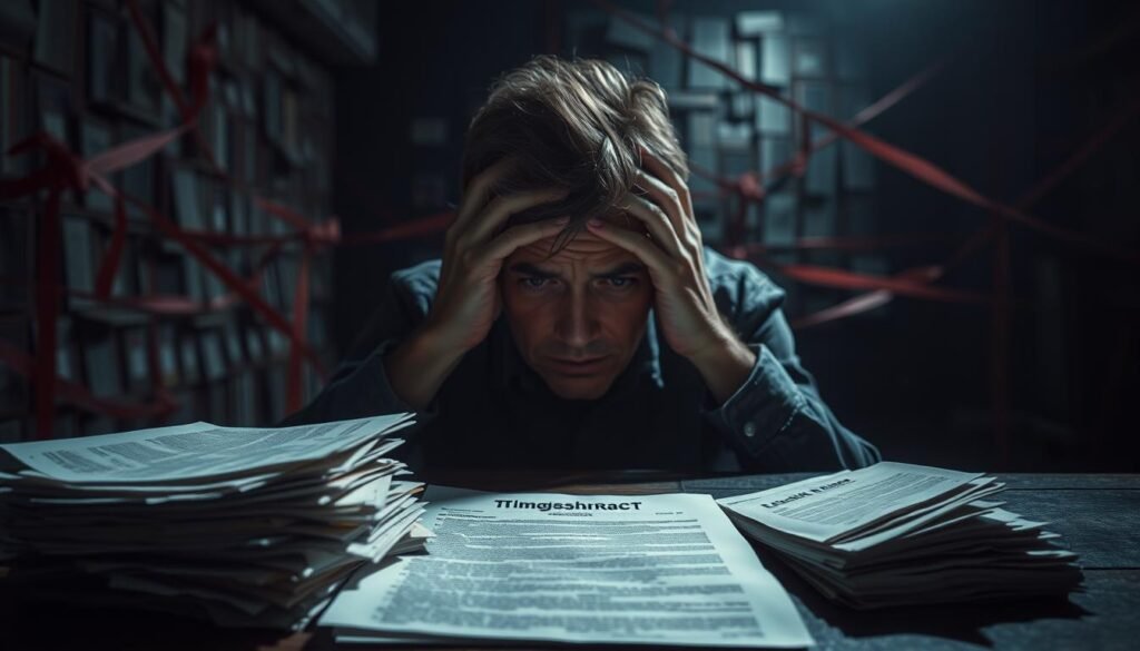 A dark, foreboding room filled with an overwhelming sense of financial dread. In the foreground, a stack of bills, late notices, and a crumpled timeshare contract cast ominous shadows. The middle ground features a worn-out, strained face of a person, hands clutching their head in despair. The background is a blurred, oppressive maze of red tape and bureaucratic obstacles, symbolizing the convoluted nature of timeshare agreements. Dramatic chiaroscuro lighting casts dramatic shadows, heightening the sense of unease and anxiety. The overall atmosphere is one of a personal financial nightmare, a cautionary tale of the pitfalls of timeshare investments.