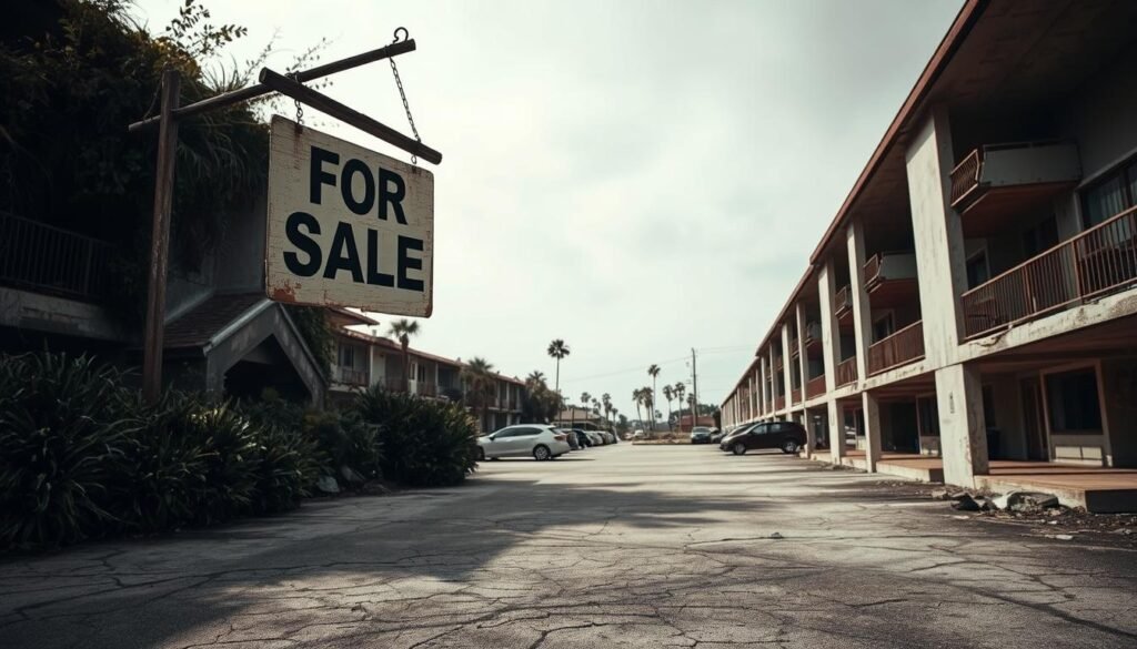 A deserted, run-down timeshare resort with dilapidated buildings, overgrown vegetation, and a sense of abandonment. In the foreground, a "For Sale" sign hangs crookedly, its paint peeling, symbolizing the timeshare resale crisis. The middle ground features a desolate, cracked parking lot, a few lonely cars scattered throughout. In the background, a hazy, grey sky looms, adding to the bleak and gloomy atmosphere. The lighting is harsh, casting long shadows and creating a sense of neglect. The camera angle is slightly low, emphasizing the scale of the decay and the hopelessness of the scene. A deserted, run-down timeshare resort with dilapidated buildings, overgrown vegetation, and a sense of abandonment. In the foreground, a "For Sale" sign hangs crookedly, its paint peeling, symbolizing the timeshare resale crisis. The middle ground features a desolate, cracked parking lot, a few lonely cars scattered throughout. In the background, a hazy, grey sky looms, adding to the bleak and gloomy atmosphere. The lighting is harsh, casting long shadows and creating a sense of neglect. The camera angle is slightly low, emphasizing the scale of the decay and the hopelessness of the scene.