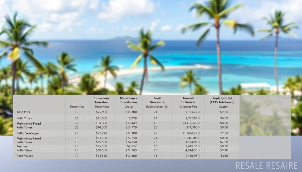 A detailed comparison chart depicting the resale costs of different timeshare options in Hawaii. The foreground shows a clean, minimalist table with rows of data on timeshare prices, maintenance fees, and resale values. The middle ground features a serene Hawaiian landscape in the background, with lush palm trees, a crescent beach, and a vibrant blue ocean. The lighting is soft and natural, creating a calming, informative atmosphere. The overall composition is well-balanced, with the data table taking center stage and the scenic backdrop complementing the subject matter.