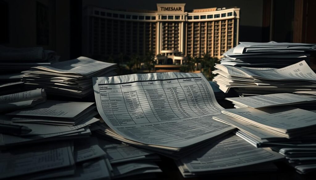 A detailed spreadsheet with rows of hidden fees and surcharges, casting long shadows across a cluttered desk. Stacks of financial documents, invoices, and fine print clutter the foreground, creating a sense of overwhelming complexity. The lighting is dim, creating a somber, almost ominous atmosphere, emphasizing the weight and burden of timeshare obligations. In the background, a looming, imposing timeshare resort building, its grandeur offset by the frustration and confusion of the paperwork in the foreground. The image conveys the frustration and hidden costs associated with timeshare ownership.