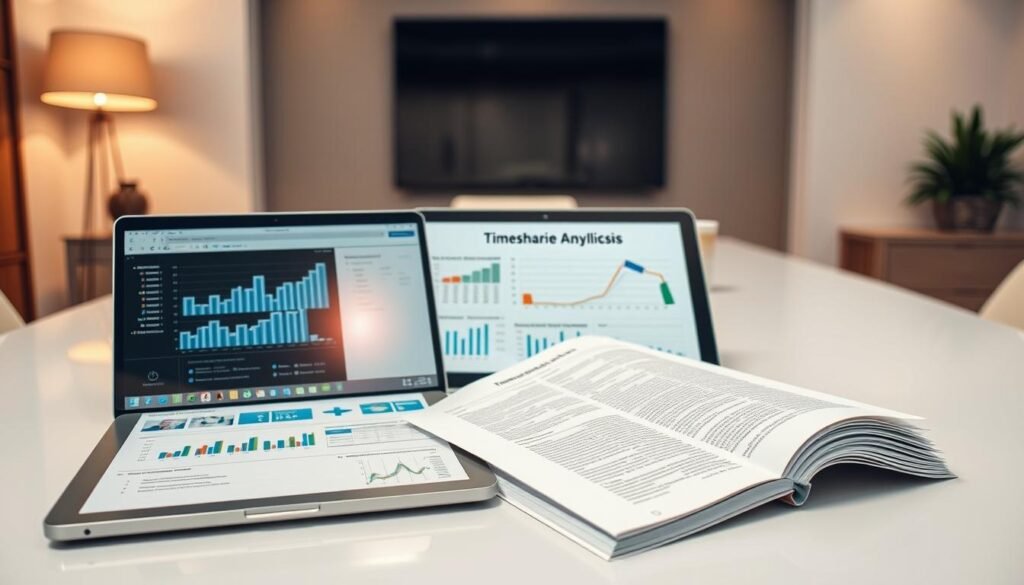 A detailed timeshare market value analysis, presented on a sleek, modern desk. In the foreground, a laptop displays interactive charts and graphs, visualizing trends and data. In the middle ground, a tablet showcases a comprehensive report, its pages crisp and inviting. The background features a minimalist office setting, with clean lines, neutral tones, and subtle lighting that creates a professional, analytical atmosphere. The overall scene conveys a sense of informed decision-making, guiding the viewer towards a deeper understanding of timeshare ownership and its market dynamics. A detailed timeshare market value analysis, presented on a sleek, modern desk. In the foreground, a laptop displays interactive charts and graphs, visualizing trends and data. In the middle ground, a tablet showcases a comprehensive report, its pages crisp and inviting. The background features a minimalist office setting, with clean lines, neutral tones, and subtle lighting that creates a professional, analytical atmosphere. The overall scene conveys a sense of informed decision-making, guiding the viewer towards a deeper understanding of timeshare ownership and its market dynamics.