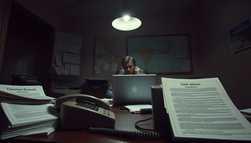 A dimly lit office setting, with a shady character seated at a desk, surrounded by scattered papers and a laptop. In the foreground, a stack of fake-looking timeshare resale documents and a ringing landline phone. The middle ground features a cluttered bulletin board with handwritten notes and a map of popular timeshare locations. The background is hazy, evoking a sense of unease and deception. Harsh overhead lighting casts shadows, creating an ominous atmosphere. The scene suggests a predatory timeshare resale scam in progress, preying on unsuspecting victims. A dimly lit office setting, with a shady character seated at a desk, surrounded by scattered papers and a laptop. In the foreground, a stack of fake-looking timeshare resale documents and a ringing landline phone. The middle ground features a cluttered bulletin board with handwritten notes and a map of popular timeshare locations. The background is hazy, evoking a sense of unease and deception. Harsh overhead lighting casts shadows, creating an ominous atmosphere. The scene suggests a predatory timeshare resale scam in progress, preying on unsuspecting victims.