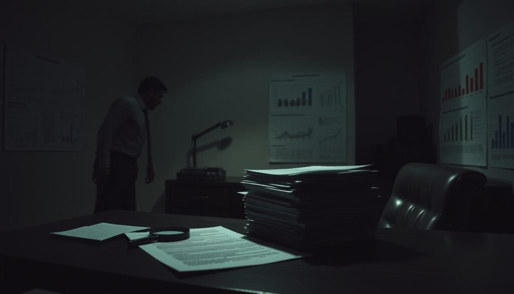 A dimly lit office space, shadowy figures lurking in the corners. On the desk, a stack of documents and a magnifying glass, hinting at the hidden fees and fine print within the timeshare contract. The walls are lined with charts and graphs, obscuring the true costs of timeshare ownership. Soft, dramatic lighting casts ominous shadows, creating a sense of unease and financial entrapment. The scene evokes a sense of cautionary discovery, as the viewer is invited to uncover the unseen expenses of timeshare investments.