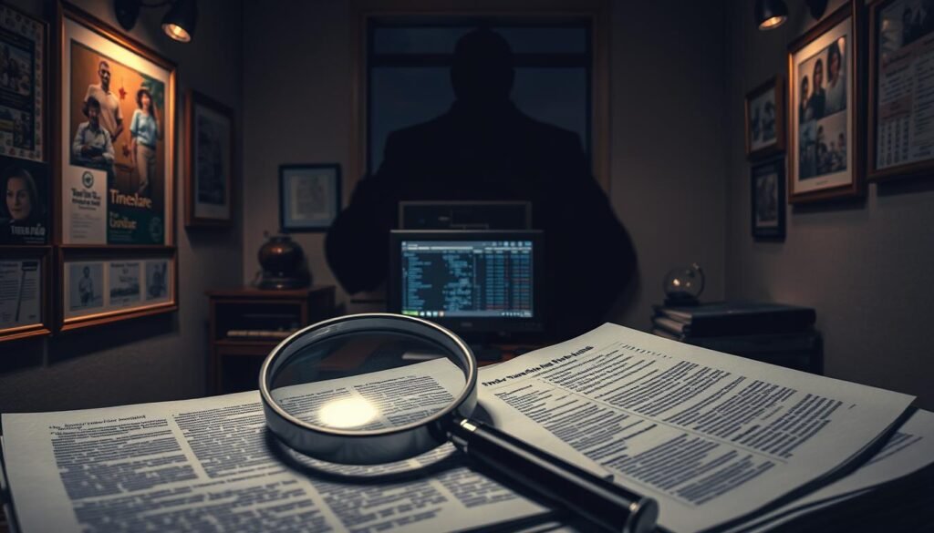 A dimly lit office space, the walls adorned with framed timeshare brochures and legal documents. In the foreground, a magnifying glass hovers over a stack of fine print, revealing the hidden fees and clauses lurking within. The middle ground features a desktop computer displaying a complex spreadsheet, with numbers and calculations that obfuscate the true cost of the timeshare. The background casts an ominous shadow, hinting at the financial traps that await the unsuspecting buyer. The lighting is subdued, creating a sense of unease and the need for heightened scrutiny. This scene conveys the importance of carefully evaluating the purchase price and hidden costs when considering a timeshare investment.