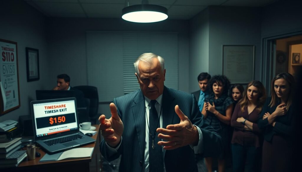 A dimly lit office, the air thick with tension. In the foreground, a shady-looking individual in a suit, hands gesturing persuasively. Behind them, a cluttered desk and a laptop screen displaying misleading timeshare exit claims. In the background, a row of unsuspecting victims, their expressions a mix of confusion and unease. The scene is illuminated by a single, harsh overhead light, casting ominous shadows that heighten the sense of unease. The overall atmosphere evokes a sense of deception and the unscrupulous nature of these timeshare exit scams.