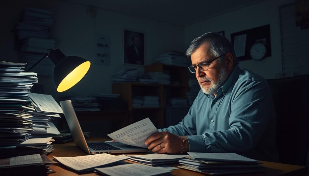 A dimly lit room, the air thick with the scent of stale paperwork. A middle-aged man, exhausted, sits at a cluttered desk, surrounded by stacks of documents and a maze of fine print. The warm glow of a laptop screen illuminates his face, as he navigates the complex web of timeshare exit procedures, searching for a way out. In the background, a sense of unease lingers, the weight of the decision heavy on his shoulders. The scene is a testament to the challenges faced by those seeking to escape the timeshare trap, a moment of contemplation and determination before the final step.