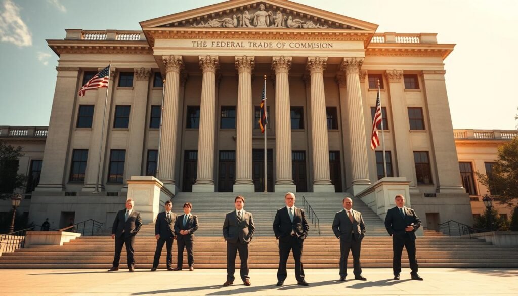 A high-resolution photograph of a federal government building, the imposing facade illuminated by warm afternoon sunlight. In the foreground, a group of stern-faced officials in business attire stand on the steps, conveying a sense of authority and enforcement. The building's grand architecture, with its columned entrance and American flags flying, evokes the weight and gravity of the Federal Trade Commission's regulatory power. The image suggests a scene of diligent oversight and consumer protection, reflecting the importance of government agencies in safeguarding the public interest. A high-resolution photograph of a federal government building, the imposing facade illuminated by warm afternoon sunlight. In the foreground, a group of stern-faced officials in business attire stand on the steps, conveying a sense of authority and enforcement. The building's grand architecture, with its columned entrance and American flags flying, evokes the weight and gravity of the Federal Trade Commission's regulatory power. The image suggests a scene of diligent oversight and consumer protection, reflecting the importance of government agencies in safeguarding the public interest.