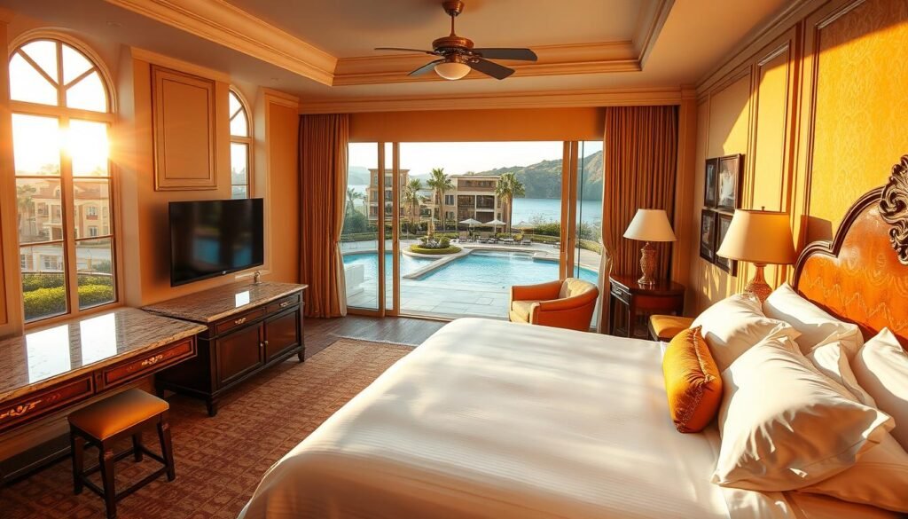 A luxurious hotel suite bathed in warm, golden light from large windows overlooking a picturesque resort. In the foreground, a plush king-sized bed with crisp, white linens and an ornate headboard. A sitting area with a cozy sofa and armchair invites relaxation. The middle ground features a marble-topped wet bar and a large, flat-screen television. The background showcases an expansive balcony with stunning views of manicured gardens and a shimmering pool. The overall atmosphere exudes a sense of indulgence, comfort, and exclusivity.
