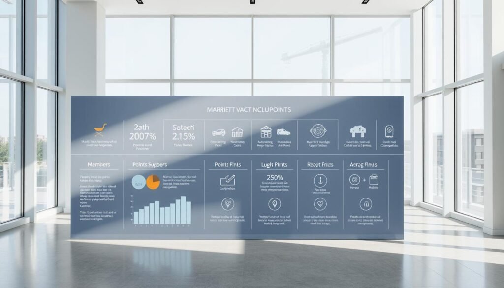 A modern and sleek presentation of the Marriott Vacation Club points system. Set in a bright, minimalist interior with large windows letting in natural light, a clean and organized display showcases the key components of the points-based system. Crisp infographics, charts, and icons illustrate how members can earn, redeem, and manage their Marriott Vacation Club points for stays at resorts worldwide. The layout is uncluttered, allowing the information to be easily understood, reflecting the straightforward and transparent nature of the points program.