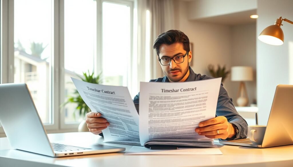 A modern home office with a well-lit desk, where a person is carefully reviewing a stack of legal documents, likely a timeshare contract. The desk is neatly organized, with a pen, laptop, and a cup of coffee nearby. The lighting is a combination of natural sunlight streaming through large windows and soft, warm overhead lighting, creating a professional yet cozy atmosphere. The background features minimal, neutral-toned decor, allowing the focus to remain on the task at hand. The person's expression conveys a thoughtful, analytical demeanor as they scrutinize the contract, indicating the importance of thoroughly understanding the terms before making any decisions. A modern home office with a well-lit desk, where a person is carefully reviewing a stack of legal documents, likely a timeshare contract. The desk is neatly organized, with a pen, laptop, and a cup of coffee nearby. The lighting is a combination of natural sunlight streaming through large windows and soft, warm overhead lighting, creating a professional yet cozy atmosphere. The background features minimal, neutral-toned decor, allowing the focus to remain on the task at hand. The person's expression conveys a thoughtful, analytical demeanor as they scrutinize the contract, indicating the importance of thoroughly understanding the terms before making any decisions.