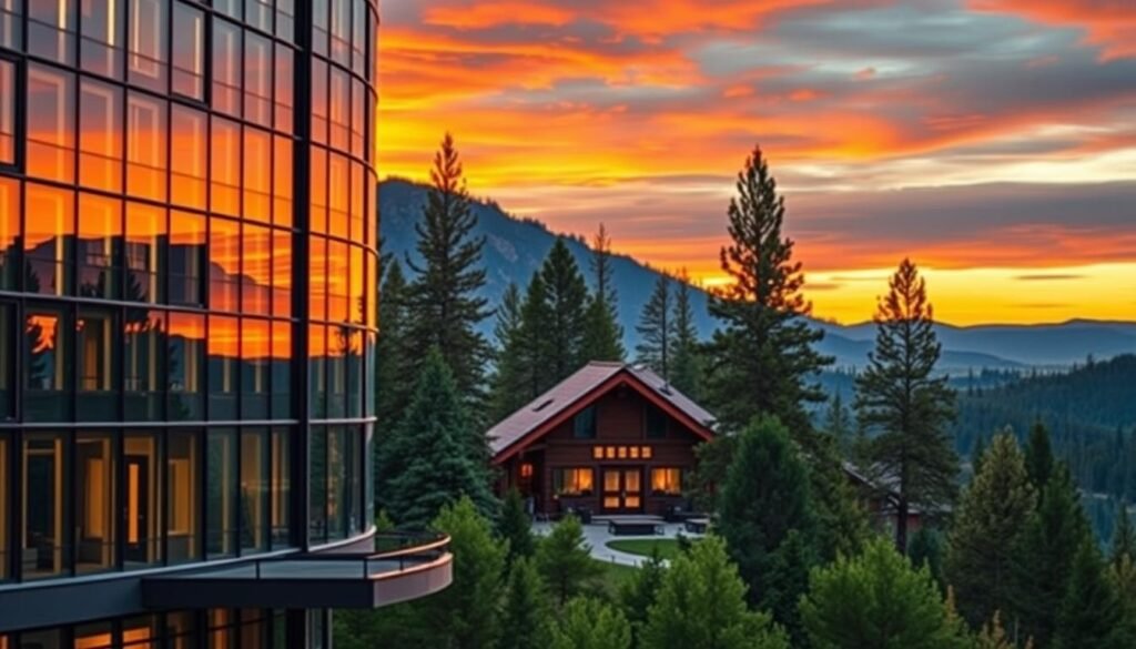 A modern hotel facade in the foreground, with sleek glass and steel construction bathed in warm evening light. In the middle ground, a cozy log cabin-style timeshare unit nestled in a lush forest setting, surrounded by towering pines. The background features a panoramic view of a serene mountain landscape, hues shifting from vibrant oranges and reds at the horizon to deep blues overhead. The contrast between the urban hotel and the rustic timeshare evokes the financial tradeoffs between the two vacation options.