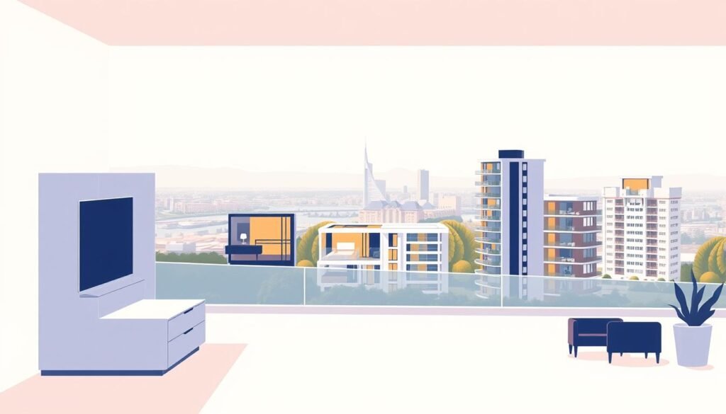 A modern, minimalist illustration depicting various timeshare ownership types. In the foreground, a sleek, contemporary apartment unit with clean lines and a neutral color palette. In the middle ground, a diverse array of timeshare models - a studio unit, a one-bedroom suite, and a multi-level penthouse, each with distinct architectural features. In the background, a panoramic cityscape or resort setting, conveying the idea of vacation destinations and travel flexibility associated with timeshare ownership. The scene is lit by warm, natural lighting, creating a sense of comfort and luxury. The overall mood is one of sophistication, efficiency, and the benefits of shared vacation property ownership.