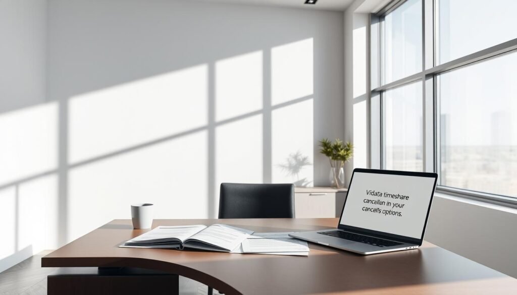 A modern, minimalist office interior with large windows, allowing natural light to flood the space. On the desk, various documents and a laptop display the Vidanta timeshare cancellation options, presented in a clear and organized manner. Subtle shadows and highlights create depth and dimension, while a calming, neutral color palette sets a professional tone. The composition emphasizes the importance of the information, guiding the viewer's attention to the key details they need to explore their cancellation options.