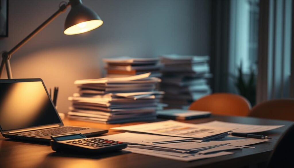 A modern office desk with a laptop, papers, and a calculator. The desk is illuminated by a warm, focused light from a desk lamp, casting shadows that suggest the complexity of financial obligations. In the middle ground, there are stacks of documents and folders representing the paperwork involved in timeshare contracts. The background is slightly blurred, suggesting the overwhelming nature of the task at hand. The overall mood is one of focus and intensity, reflecting the gravity of the financial responsibilities.