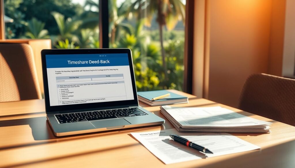 A modern office desk with a stack of paperwork, a pen, and a laptop displaying a timeshare deed-back program form. Warm, natural lighting casts soft shadows, creating a professional yet approachable atmosphere. The desk is neatly organized, conveying a sense of efficiency and attention to detail. In the background, a window overlooks a lush, verdant landscape, symbolizing the resort setting. The overall scene suggests a straightforward, streamlined process for understanding and engaging with a timeshare deed-back program.