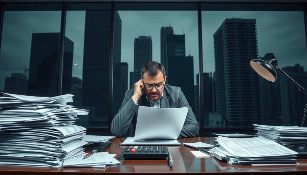 A modern office interior with a cluttered desk, representing the financial complexities of timeshare agreements. In the foreground, a stack of paperwork and a calculator symbolize the daunting administrative tasks. In the middle ground, a confused businessman sits, his expression reflecting the stress of navigating timeshare fine print. The background features imposing skyscrapers, casting an ominous shadow on the scene, hinting at the legal and financial risks involved. Dramatic lighting creates a sense of unease, while a muted color palette emphasizes the serious nature of the subject matter.