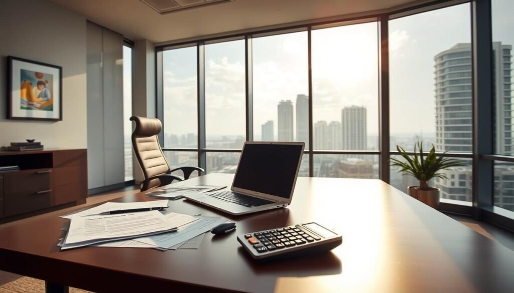 A modern office interior with a large desk, ergonomic chair, and floor-to-ceiling windows overlooking a cityscape. On the desk, a laptop, documents, and a calculator, representing the financial evaluation of a timeshare buyback. The lighting is warm and natural, casting a soft glow across the scene. The overall atmosphere is professional and focused, conveying the serious nature of the timeshare buyback process. A modern office interior with a large desk, ergonomic chair, and floor-to-ceiling windows overlooking a cityscape. On the desk, a laptop, documents, and a calculator, representing the financial evaluation of a timeshare buyback. The lighting is warm and natural, casting a soft glow across the scene. The overall atmosphere is professional and focused, conveying the serious nature of the timeshare buyback process.