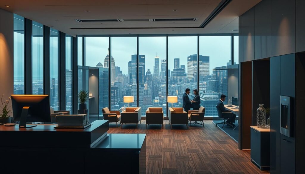 A modern office interior with sleek, professional timeshare complaint agencies. In the foreground, a receptionist's desk with a computer and phone, bathed in warm, indirect lighting. Behind it, a waiting area with comfortable chairs and a water dispenser. In the middle ground, several private offices with glass walls, where agents are meeting with clients. The background features floor-to-ceiling windows overlooking a bustling city skyline, creating a sense of urban professionalism. The overall atmosphere conveys a sense of efficiency, authority, and a commitment to resolving timeshare issues. A modern office interior with sleek, professional timeshare complaint agencies. In the foreground, a receptionist's desk with a computer and phone, bathed in warm, indirect lighting. Behind it, a waiting area with comfortable chairs and a water dispenser. In the middle ground, several private offices with glass walls, where agents are meeting with clients. The background features floor-to-ceiling windows overlooking a bustling city skyline, creating a sense of urban professionalism. The overall atmosphere conveys a sense of efficiency, authority, and a commitment to resolving timeshare issues.