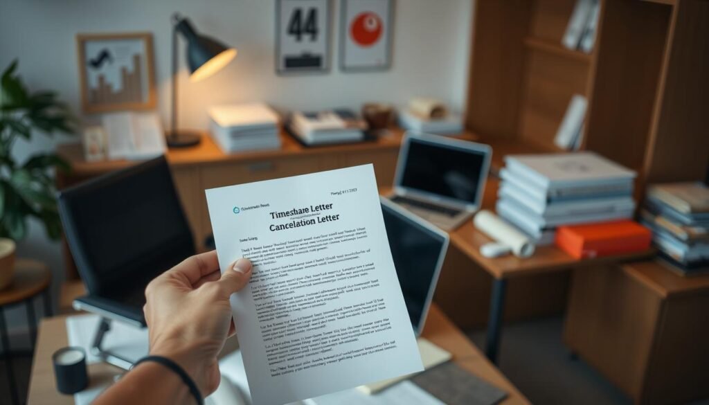 A modern office setting with a desk, chair, and other office accessories. On the desk, there are various stacks of papers, envelopes, and a laptop computer. In the foreground, a person's hand is holding a letter or document, representing the timeshare cancellation letter. The lighting is soft and warm, creating a professional and focused atmosphere. The background is slightly blurred, emphasizing the importance of the cancellation document. The overall scene conveys the process of preparing and sending a timeshare cancellation letter through various delivery methods. A modern office setting with a desk, chair, and other office accessories. On the desk, there are various stacks of papers, envelopes, and a laptop computer. In the foreground, a person's hand is holding a letter or document, representing the timeshare cancellation letter. The lighting is soft and warm, creating a professional and focused atmosphere. The background is slightly blurred, emphasizing the importance of the cancellation document. The overall scene conveys the process of preparing and sending a timeshare cancellation letter through various delivery methods.