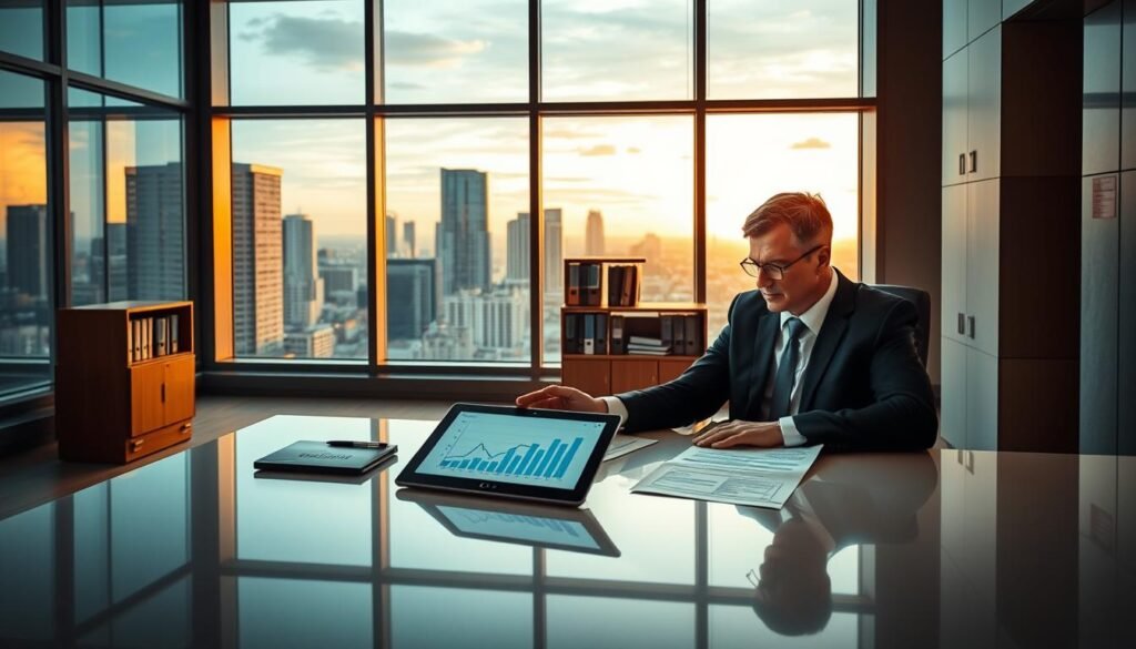 A modern office setting with a large window overlooking a cityscape. In the foreground, a businessman sits at a sleek, minimalist desk, intently studying documents related to timeshare resale strategies. On the desk, a tablet displays a graph or chart illustrating key market trends. In the middle ground, bookcases and filing cabinets line the walls, hinting at the meticulous research and planning required for effective timeshare resale. The lighting is warm and professional, creating a focused, business-like atmosphere. The overall scene conveys a sense of expertise, diligence, and a systematic approach to navigating the timeshare resale landscape. A modern office setting with a large window overlooking a cityscape. In the foreground, a businessman sits at a sleek, minimalist desk, intently studying documents related to timeshare resale strategies. On the desk, a tablet displays a graph or chart illustrating key market trends. In the middle ground, bookcases and filing cabinets line the walls, hinting at the meticulous research and planning required for effective timeshare resale. The lighting is warm and professional, creating a focused, business-like atmosphere. The overall scene conveys a sense of expertise, diligence, and a systematic approach to navigating the timeshare resale landscape.