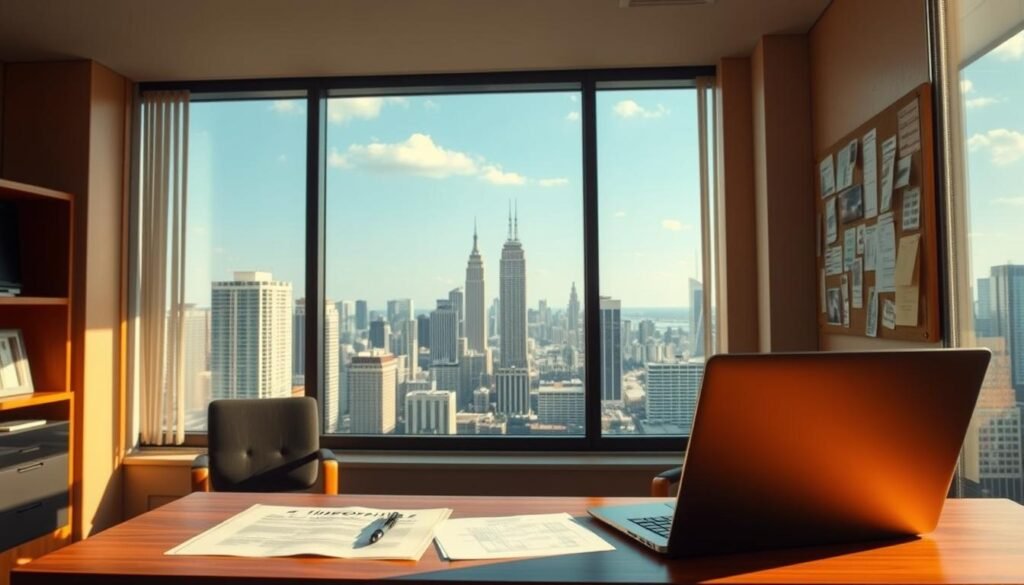 A modern office space with a large panoramic window overlooking a bustling city skyline. In the foreground, a desk with a laptop, documents, and a pen set, hinting at the tasks and decisions at hand. On the wall, a corkboard displays various printouts and notes, suggesting the exploration of different timeshare exit options. The lighting is warm and natural, casting a soft glow over the scene. The overall atmosphere conveys a sense of contemplation and research, as the subject navigates the complexities of ending a timeshare agreement. A modern office space with a large panoramic window overlooking a bustling city skyline. In the foreground, a desk with a laptop, documents, and a pen set, hinting at the tasks and decisions at hand. On the wall, a corkboard displays various printouts and notes, suggesting the exploration of different timeshare exit options. The lighting is warm and natural, casting a soft glow over the scene. The overall atmosphere conveys a sense of contemplation and research, as the subject navigates the complexities of ending a timeshare agreement.