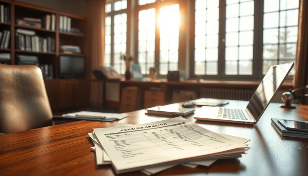 A modern office workspace with a wooden desk, neatly organized documents, and a laptop computer. Sunlight streams through large windows, casting a warm glow on the scene. On the desk, a stack of papers represents the detailed timeshare maintenance fees, with line items for various costs such as utilities, property taxes, and management fees. The atmosphere conveys a sense of professionalism and financial responsibility, reflecting the importance of understanding these ongoing expenses for timeshare owners.