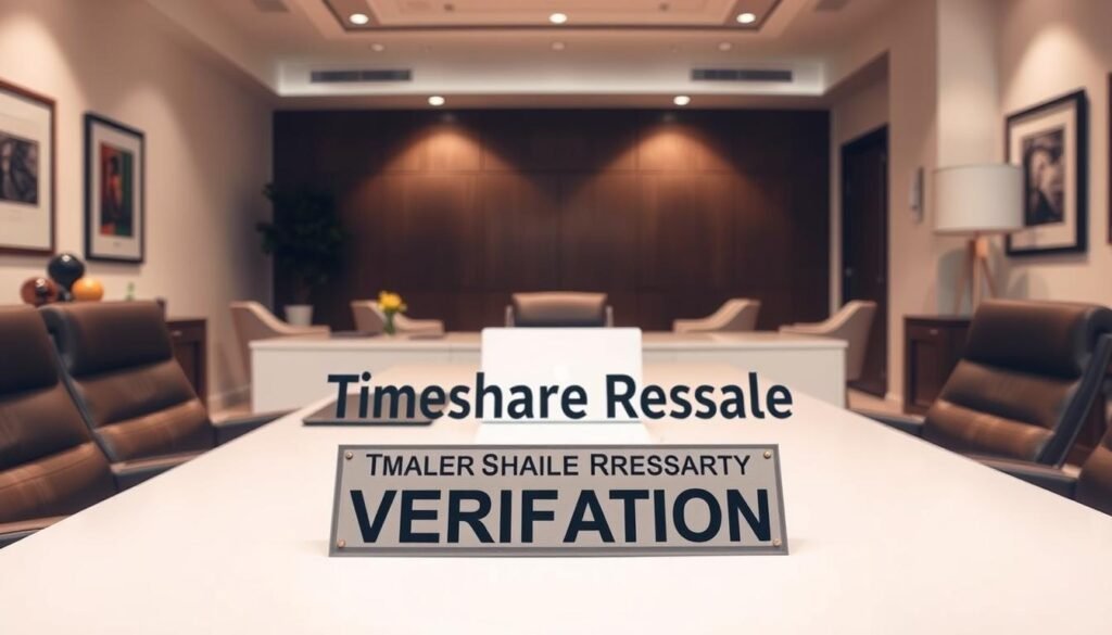 A modern, well-appointed office interior with a large desk, comfortable chairs, and minimalist decor. On the desk, a laptop, a document folder, and a professional-looking signage or plaque that reads "Timeshare Resale Company Verification". The lighting is bright and even, creating a sense of professionalism and trustworthiness. The room is bathed in a warm, neutral color palette, conveying a sense of reliability and expertise. The angle is slightly elevated, giving the viewer a sense of the company's credibility and authority in the timeshare resale industry.