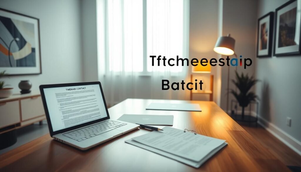 A modern, well-lit office interior with a wooden desk and a laptop displaying a detailed timeshare contract. On the desk, there are neatly organized documents, a pen, and a desk lamp casting a warm glow. The walls are adorned with minimalist artwork, and a large window provides natural light, illuminating the scene. The atmosphere is professional and inviting, conveying the importance and complexity of understanding timeshare contract basics.