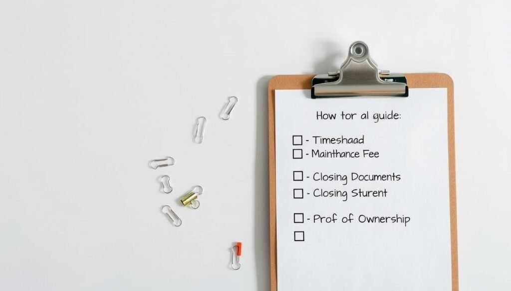 A neatly organized checklist with various document icons, paperclips, and a clipboard against a clean, minimalist background. The checklist items include details like "Timeshare Deed", "Maintenance Fee Statements", "Closing Documents", and "Proof of Ownership". Soft, natural lighting illuminates the scene, creating a professional and organized atmosphere suitable for a how-to guide on selling a timeshare. The composition emphasizes the documentation aspect, conveying the preparation and organization required for this process.