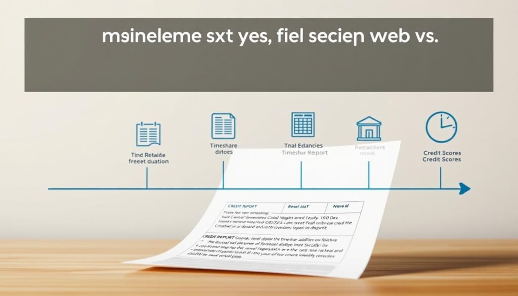 A photorealistic timeline depicting the progression of a timeshare foreclosure on a person's credit report, set against a neutral background with soft, even lighting and a subtle depth of field. The foreground shows a credit report document with sections highlighting the timeshare foreclosure entry, its impact on credit scores, and the duration it remains visible. The middle ground features stylized icons and infographic elements illustrating the timeline, such as calendar pages or clock faces. The background subtly conveys a sense of financial responsibility and consumer credit management.