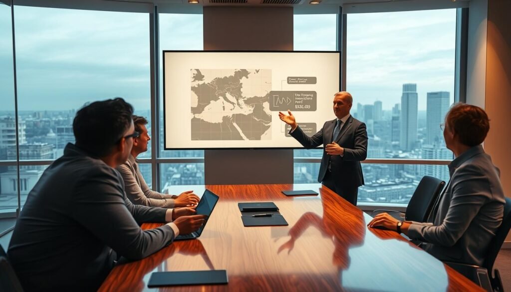 A professional business executive conducting a dynamic sales presentation in a well-lit conference room. The presenter stands at the head of a polished wood table, gesturing enthusiastically while displaying a slide on a large screen behind them. Colleagues lean in, engaged and attentive, their faces illuminated by the warm lighting. The room's interior is sleek and modern, with floor-to-ceiling windows offering a panoramic view of a bustling city skyline. The overall atmosphere conveys a sense of productivity, collaboration, and the thrill of a successful sales pitch.