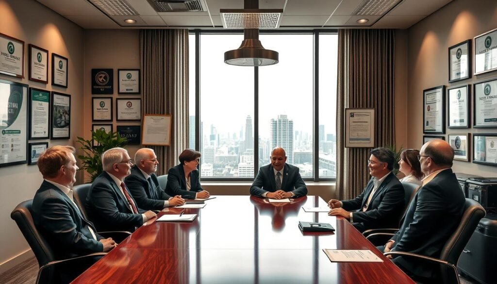 A professional, well-equipped office setting with a reputable and trustworthy atmosphere. In the foreground, a team of experienced advisors in formal attire sits around a mahogany conference table, engaged in a discussion. The middle ground features floor-to-ceiling windows providing natural light and a view of a bustling city skyline. The background showcases various certifications, awards, and accreditations displayed on the walls, conveying the company's credibility and expertise in timeshare exit services. The overall mood is one of professionalism, reliability, and a commitment to guiding clients through the timeshare exit process.