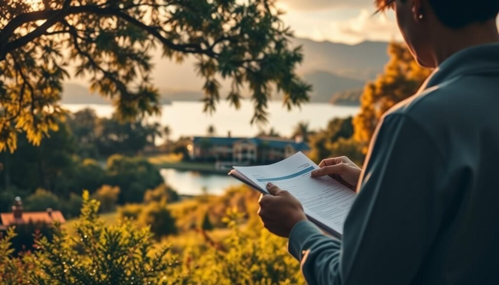 A serene landscape with a focus on a timeshare resort in the middle ground, surrounded by lush foliage and a picturesque lake in the background. In the foreground, a person examines documents, symbolizing the process of exiting the timeshare. The scene is bathed in warm, golden lighting, creating a sense of tranquility and resolution. The overall composition conveys the idea of finding a way to escape the timeshare commitment in a peaceful and thoughtful manner. A serene landscape with a focus on a timeshare resort in the middle ground, surrounded by lush foliage and a picturesque lake in the background. In the foreground, a person examines documents, symbolizing the process of exiting the timeshare. The scene is bathed in warm, golden lighting, creating a sense of tranquility and resolution. The overall composition conveys the idea of finding a way to escape the timeshare commitment in a peaceful and thoughtful manner.