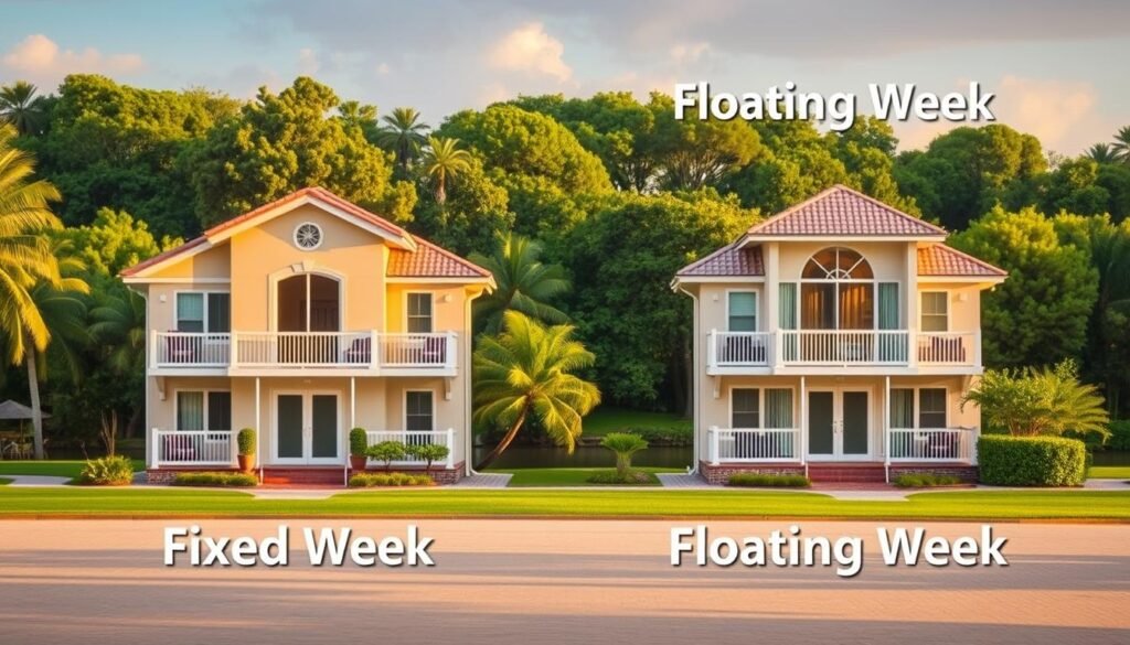 A serene resort landscape, with two timeshare villa units standing side by side. On the left, a "Fixed Week" villa with a rigid calendar and set arrival/departure dates. On the right, a "Floating Week" villa with flexible, adjustable scheduling. The Fixed Week villa has a more traditional, classic design, while the Floating Week villa features a more modern, adaptable aesthetic. Soft, warm lighting illuminates the scene, creating a welcoming and inviting atmosphere. The background features lush, verdant foliage and a tranquil body of water, evoking a peaceful, idyllic vacation setting. The composition emphasizes the contrast between the two timeshare options, allowing the viewer to compare and understand the key differences between fixed and floating week timeshares. A serene resort landscape, with two timeshare villa units standing side by side. On the left, a "Fixed Week" villa with a rigid calendar and set arrival/departure dates. On the right, a "Floating Week" villa with flexible, adjustable scheduling. The Fixed Week villa has a more traditional, classic design, while the Floating Week villa features a more modern, adaptable aesthetic. Soft, warm lighting illuminates the scene, creating a welcoming and inviting atmosphere. The background features lush, verdant foliage and a tranquil body of water, evoking a peaceful, idyllic vacation setting. The composition emphasizes the contrast between the two timeshare options, allowing the viewer to compare and understand the key differences between fixed and floating week timeshares.
