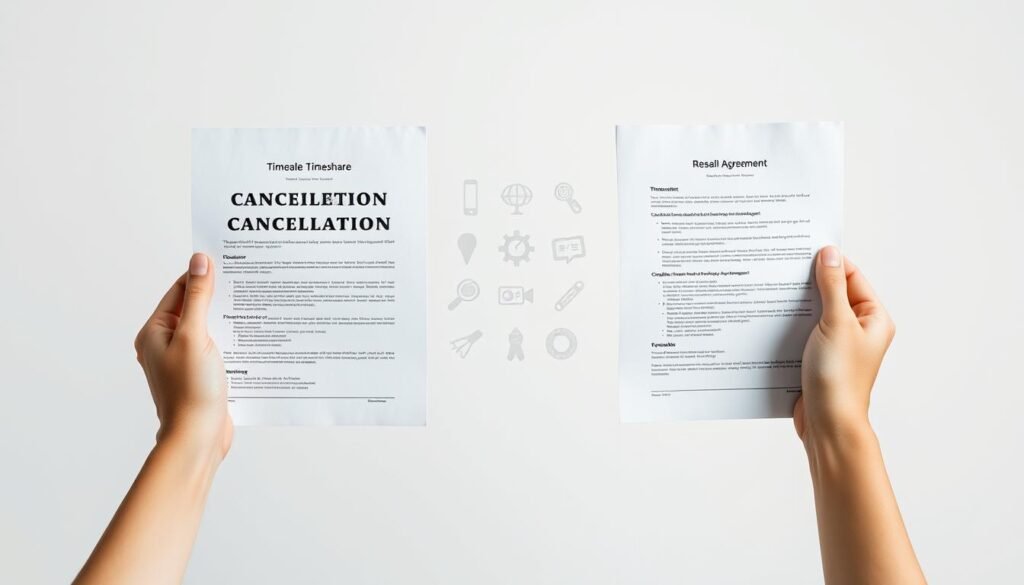 A side-by-side comparison of timeshare cancellation and resale, showcased against a clean, minimalist background. In the foreground, two hands hold opposing documents - one representing a timeshare cancellation contract, the other a timeshare resale agreement. The middle ground features subtle icons or infographic elements highlighting the key differences between the two options. The lighting is soft and diffused, creating a sense of clarity and professionalism. The overall composition is balanced, drawing the viewer's attention to the central comparison without distractions. The mood is one of informed decision-making, guiding the viewer through the nuances of timeshare exit strategies.