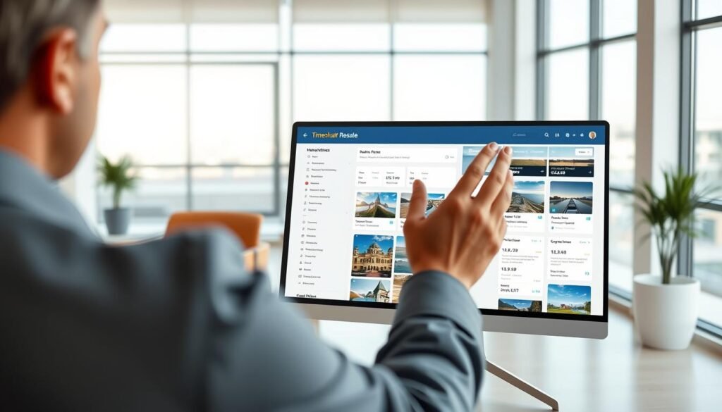 A sleek and modern timeshare resale platform, showcasing a clean and intuitive user interface. In the foreground, a person is navigating through a streamlined dashboard, with real-time listings and detailed property information. The middle ground features a well-organized marketplace, displaying various timeshare options with high-quality images and descriptions. The background depicts a minimalist office setting, with large windows and natural lighting creating a professional and trustworthy atmosphere. The overall scene conveys a sense of ease and efficiency, reflecting the seamless experience of selling timeshare points through this digital platform. A sleek and modern timeshare resale platform, showcasing a clean and intuitive user interface. In the foreground, a person is navigating through a streamlined dashboard, with real-time listings and detailed property information. The middle ground features a well-organized marketplace, displaying various timeshare options with high-quality images and descriptions. The background depicts a minimalist office setting, with large windows and natural lighting creating a professional and trustworthy atmosphere. The overall scene conveys a sense of ease and efficiency, reflecting the seamless experience of selling timeshare points through this digital platform.
