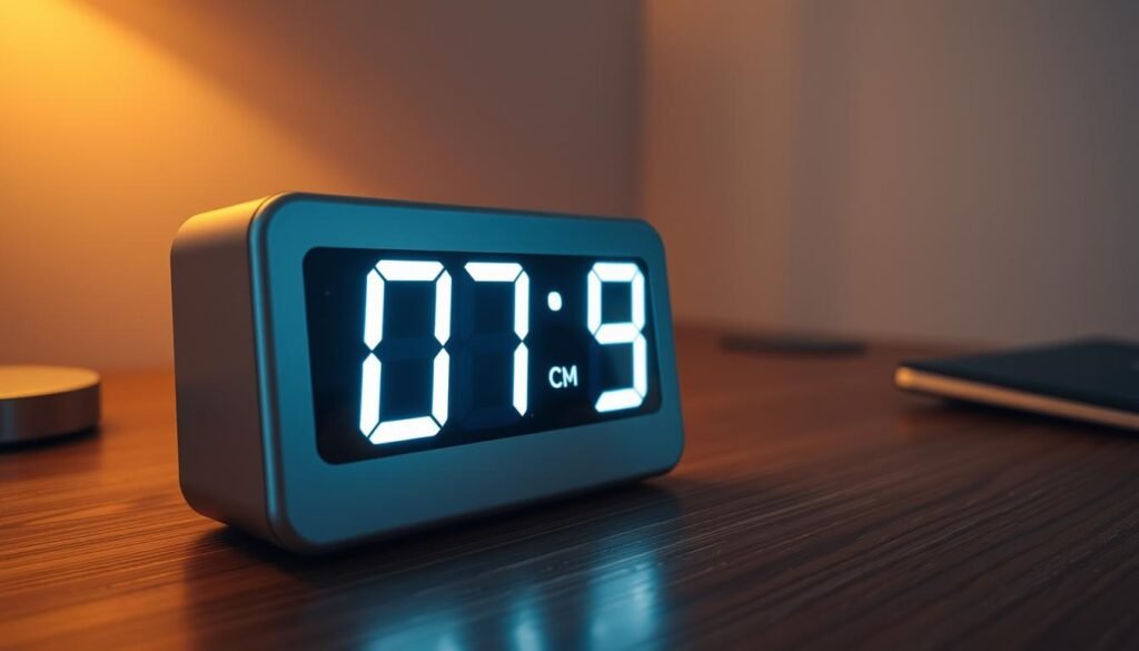 A sleek, modern digital timer counting down the minutes on a wooden desk. The display is prominently featured, casting a soft glow against a minimalist background. Warm, focused lighting illuminates the scene, creating a sense of urgency and concentration. The timer's interface is clean and intuitive, allowing the user to set a precise countdown for the allotted 90-minute timeshare presentation. The overall composition conveys a feeling of regained control and a strategic approach to managing one's time.