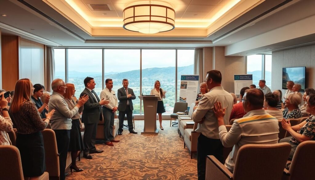 A spacious hotel conference room, brightly lit with overhead lighting and large windows. In the foreground, a team of enthusiastic timeshare sales representatives stand before a crowd of potential buyers, gesturing animatedly and making persuasive pitches. The middle ground features comfortable seating arrangements and informational displays showcasing the luxurious timeshare properties. In the background, a scenic landscape is visible through the windows, hinting at the exotic vacation destinations offered by the timeshare company. The overall atmosphere is one of excitement, opportunity, and the promise of unforgettable experiences.
