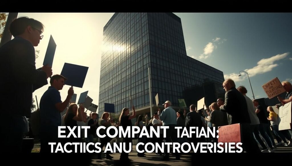 A sprawling corporate office building looms in the background, its imposing facade casting a shadow over a group of individuals gathered on the sidewalk. In the foreground, a scene of confrontation unfolds - distraught-looking people holding signs and placards, seemingly engaged in a protest or demonstration. The lighting is harsh, casting dramatic shadows that accentuate the tension in the scene. The camera angle is slightly low, creating a sense of unease and power imbalance. The mood is one of unrest and conflict, reflecting the "Exit Company Tactics and Controversies" theme of the article.