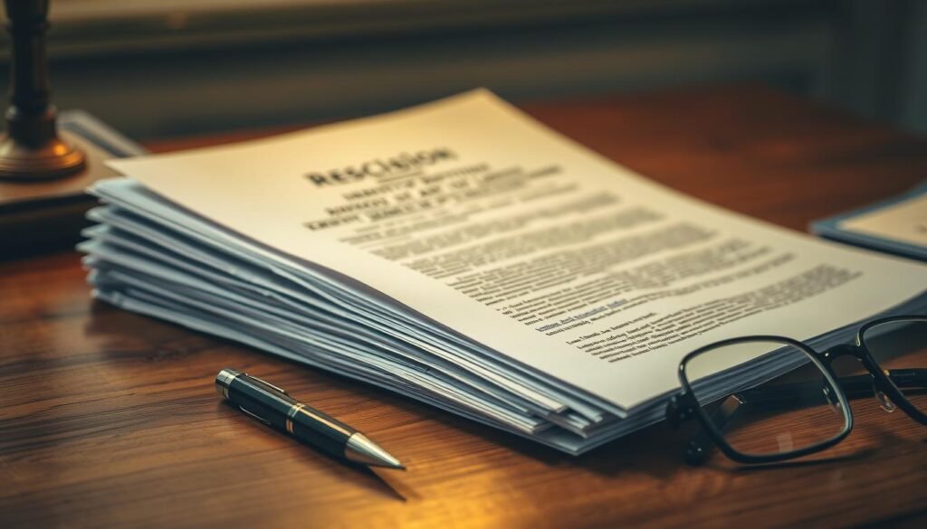 A stack of official-looking documents resting on a wooden desk, under a warm, focused light. The pages feature complex legal jargon and fine print, conveying the seriousness and complexity of the rescission period. A pen and reading glasses sit nearby, suggesting the careful review of these critical documents. The scene exudes an atmosphere of contemplation and attention to detail, reflecting the importance of understanding one's legal rights during this pivotal phase. A stack of official-looking documents resting on a wooden desk, under a warm, focused light. The pages feature complex legal jargon and fine print, conveying the seriousness and complexity of the rescission period. A pen and reading glasses sit nearby, suggesting the careful review of these critical documents. The scene exudes an atmosphere of contemplation and attention to detail, reflecting the importance of understanding one's legal rights during this pivotal phase.