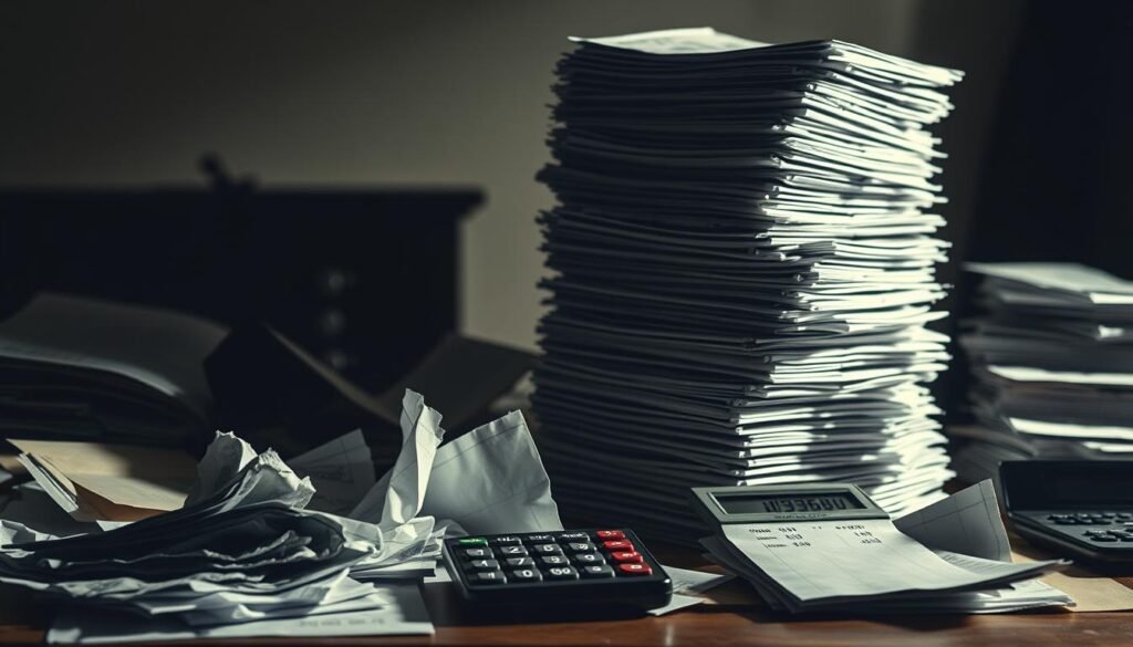 A stark, high-contrast image of a towering stack of rising maintenance fee bills, casting long shadows across a cluttered desk. The foreground features crumpled invoices, frayed envelopes, and a calculator with numbers rapidly climbing. The middle ground depicts an imposing edifice of stacked papers, each sheet emblazoned with a steadily increasing dollar amount. The background is blurred, with a sense of looming financial dread. Dramatic, directional lighting casts dramatic shadows, emphasizing the overwhelming burden of escalating timeshare costs. The overall mood is one of anxious unease, reflecting the difficult decision to cancel a timeshare due to unmanageable fees.