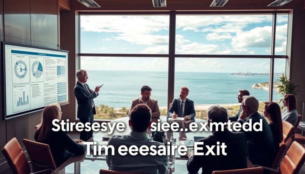 A strategic boardroom filled with businesspeople discussing timeshare exit options. The foreground features an executive presenting a detailed plan on a large display screen, surrounded by attentive colleagues taking notes. The middle ground showcases a team of lawyers and financial advisors collaborating on legal and financial aspects of timeshare termination. In the background, a panoramic window overlooks a serene coastal landscape, conveying a sense of clarity and resolution. The lighting is warm and focused, highlighting the seriousness of the discussion. The overall mood is one of determination and problem-solving, reflecting the section's emphasis on "Strategies for a Safe and Effective Timeshare Exit". A strategic boardroom filled with businesspeople discussing timeshare exit options. The foreground features an executive presenting a detailed plan on a large display screen, surrounded by attentive colleagues taking notes. The middle ground showcases a team of lawyers and financial advisors collaborating on legal and financial aspects of timeshare termination. In the background, a panoramic window overlooks a serene coastal landscape, conveying a sense of clarity and resolution. The lighting is warm and focused, highlighting the seriousness of the discussion. The overall mood is one of determination and problem-solving, reflecting the section's emphasis on "Strategies for a Safe and Effective Timeshare Exit".