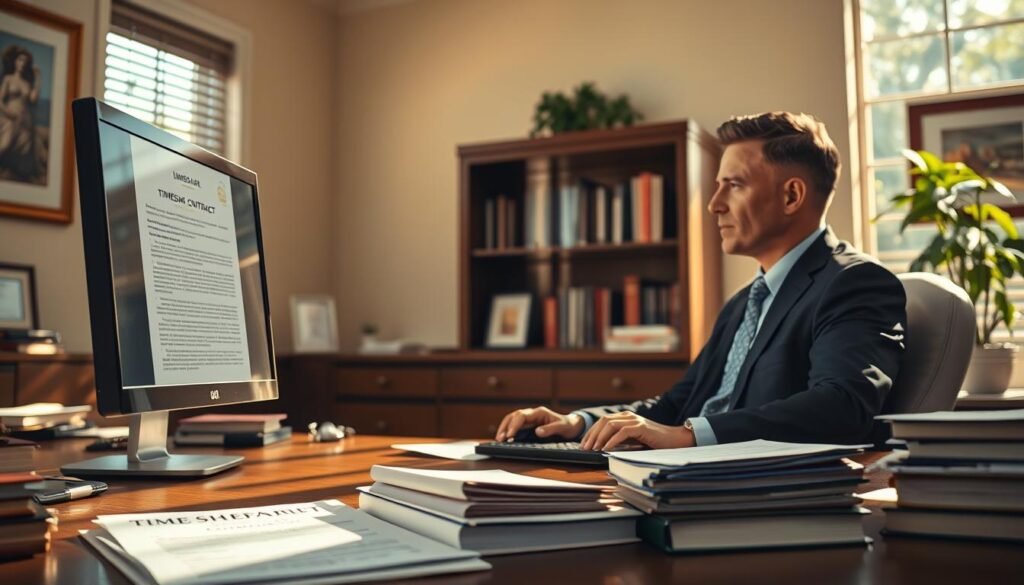 A sun-dappled Florida office, warm light filtering through the windows. In the foreground, a desk with a stack of legal documents and a computer monitor displaying a timeshare contract. In the middle ground, a professional-looking person in a suit sits at the desk, fingers tapping on the keyboard as they navigate the refund process. The background features bookshelves, framed artwork, and a potted plant, conveying a sense of authority and expertise. The overall mood is one of diligence and problem-solving, with a subtle undertone of relief as the timeshare refund is processed. A sun-dappled Florida office, warm light filtering through the windows. In the foreground, a desk with a stack of legal documents and a computer monitor displaying a timeshare contract. In the middle ground, a professional-looking person in a suit sits at the desk, fingers tapping on the keyboard as they navigate the refund process. The background features bookshelves, framed artwork, and a potted plant, conveying a sense of authority and expertise. The overall mood is one of diligence and problem-solving, with a subtle undertone of relief as the timeshare refund is processed.