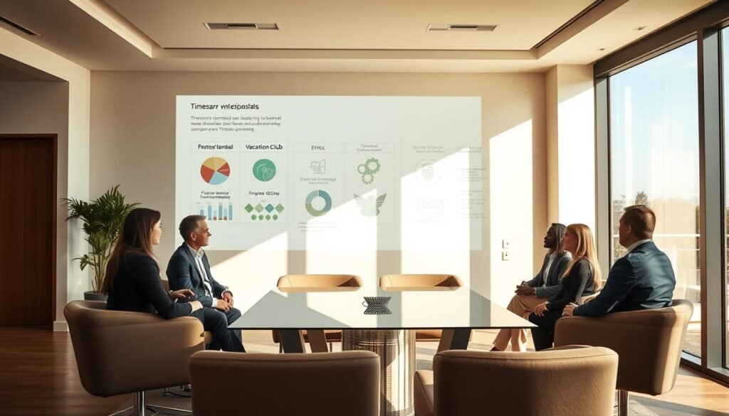 A sun-dappled corporate office with sleek, modern furnishings. In the foreground, a team of professionals in business attire gather around a glass conference table, engaged in a lively discussion. Projected on the wall behind them, a series of infographics and diagrams illustrate the various timeshare ownership models - fractional, points-based, and vacation club. The lighting is warm and natural, casting soft shadows and highlights that accentuate the clean lines and minimalist aesthetic. The overall atmosphere conveys a sense of professionalism, innovation, and a thorough understanding of the financial implications of timeshare ownership.