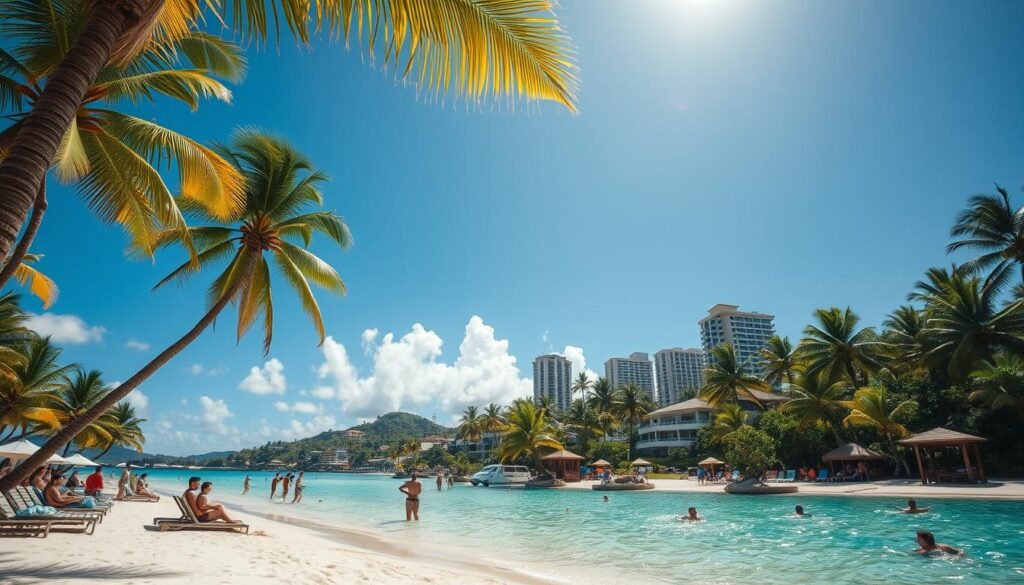A sun-drenched tropical beach, with palm trees swaying in the gentle breeze. In the foreground, a group of people engaged in various leisure activities - some relaxing on lounge chairs, others swimming in the crystal-clear waters. The middle ground reveals a variety of accommodations, from luxurious beachfront villas to cozy cabanas, showcasing the diverse vacation options available. In the background, a vibrant cityscape with modern high-rises and lush greenery, hinting at the broader urban amenities and attractions nearby. The scene conveys a sense of flexibility, where visitors can tailor their experiences to suit their individual preferences and lifestyles.