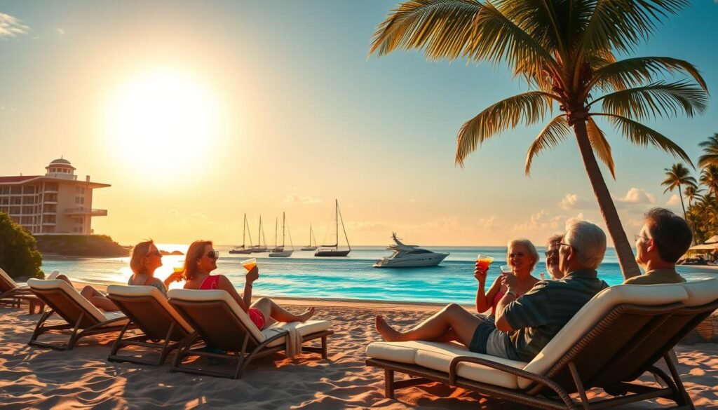 A tranquil beach scene under the warm glow of a setting sun. In the foreground, a group of friends relaxing on plush lounge chairs, sipping tropical cocktails and sharing animated stories, their expressions filled with joy and laughter. In the middle ground, a luxurious timeshare resort with its elegant architecture and swaying palm trees. In the background, a stunning panoramic view of the crystal-clear ocean, dotted with sailboats and private yachts. The lighting is soft and golden, creating a dreamy, nostalgic atmosphere, capturing the essence of unforgettable timeshare vacation memories.