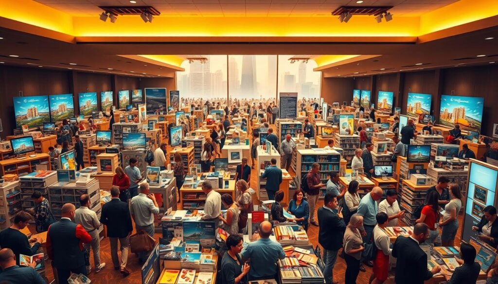 A vast, bustling timeshare resale marketplace unfolds before the viewer. In the foreground, potential buyers and sellers negotiate deals amid a sea of colorful brochures and promotional banners. The middle ground features a diverse array of timeshare resort models, each capturing the essence of different vacation destinations. In the background, a towering skyscraper skyline hints at the global scale of the timeshare industry. Warm, golden lighting casts a mellow, inviting ambiance, while a wide-angle lens captures the dynamic energy of this complex, interconnected market.