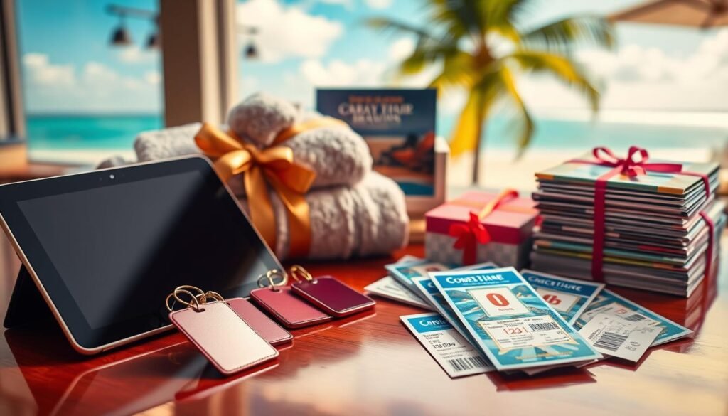A vibrant still life showcasing an array of tempting "free" gifts commonly offered at timeshare sales presentations. In the foreground, a sleek tablet computer, plush bathrobes, and a set of shiny luggage tags are prominently displayed on a polished wood surface, casting warm reflections. In the middle ground, a stack of colorful vacation brochures and a set of complimentary tickets to local attractions stand as additional incentives. The background features a blurred tropical beach scene, hinting at the luxurious vacation experiences promised. The overall composition exudes a sense of enticing luxury, designed to captivate and lure potential timeshare buyers.